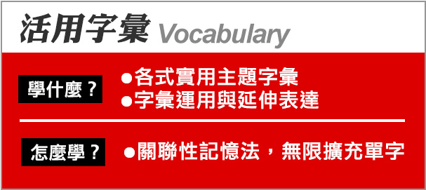 活用字彙(Vocabulary)1.各式實用主題字彙2.字彙運用與延伸表達3.關聯性單字記憶法，無限擴充字彙